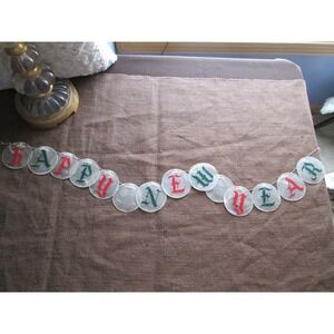 HAPPY NEW YEAR Round Mother of Pearl Shell Banner Old English Decor Red Green